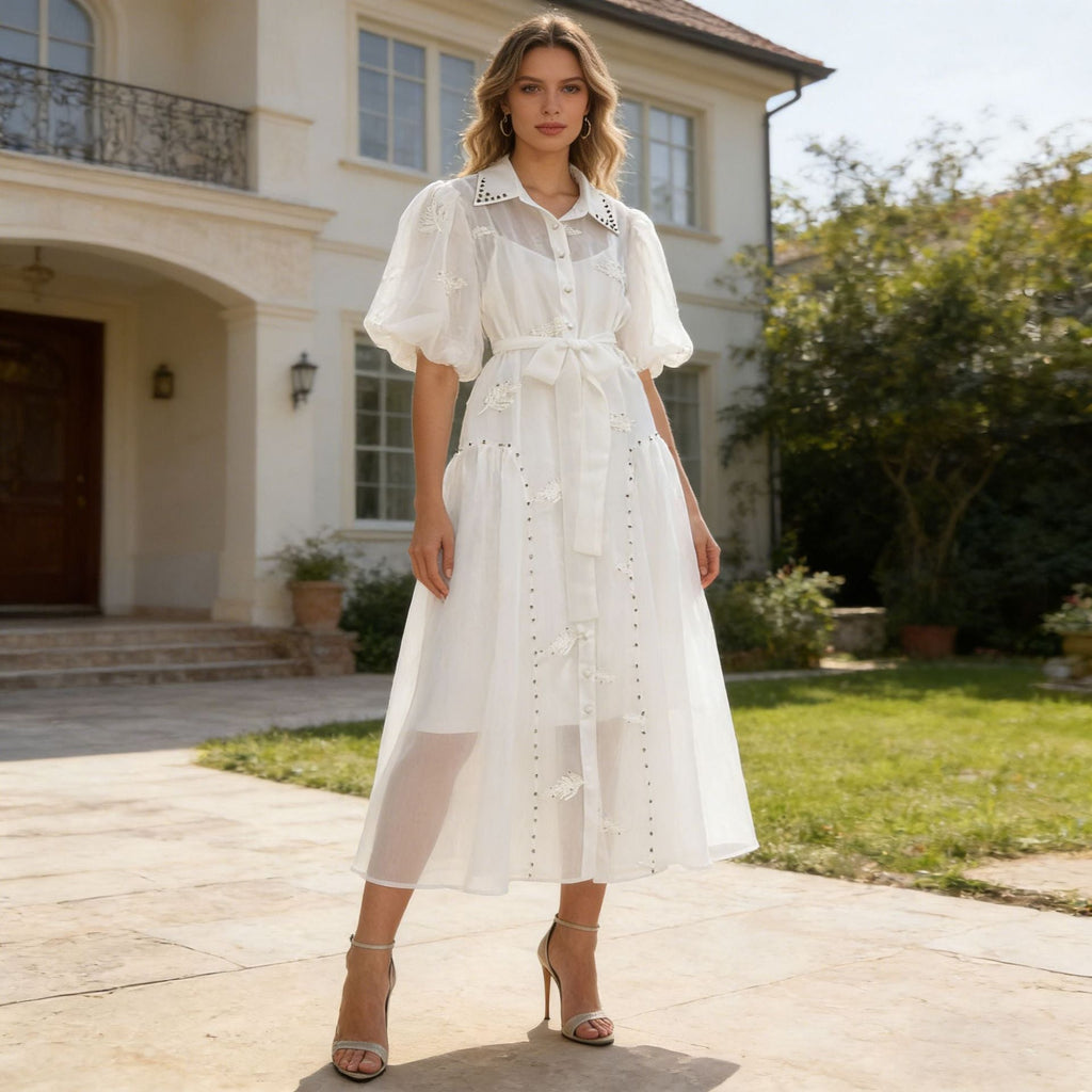 Spring Puff Sleeve Solid Color Waist Tight Collared Patchwork Maxi Dress Two Piece Elegant Dress for Women