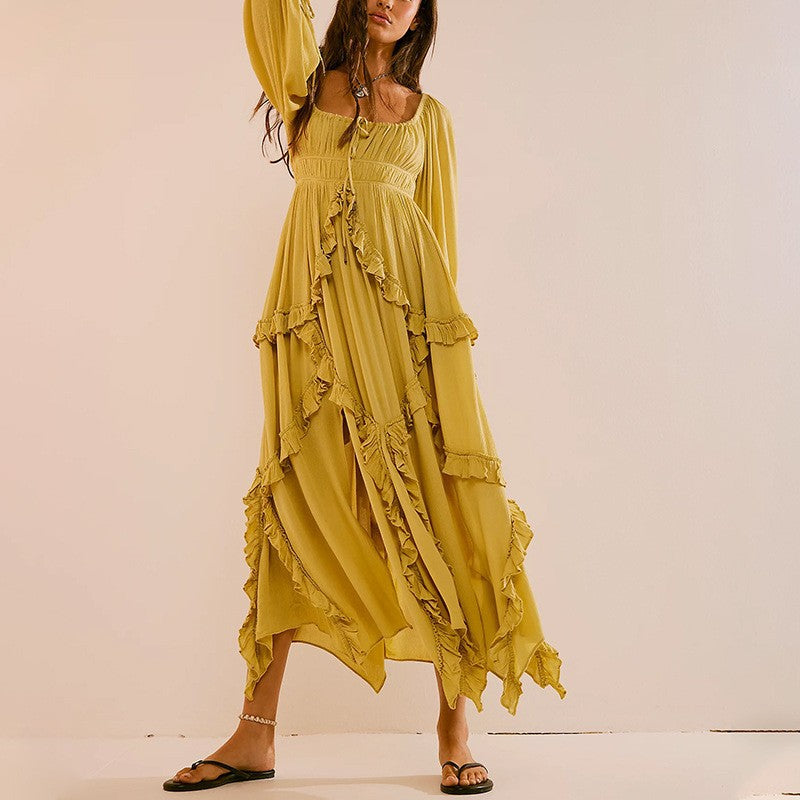 Fall U Collar Ruffled Lace Patchwork Slit Gentle Large Swing Dress Dress