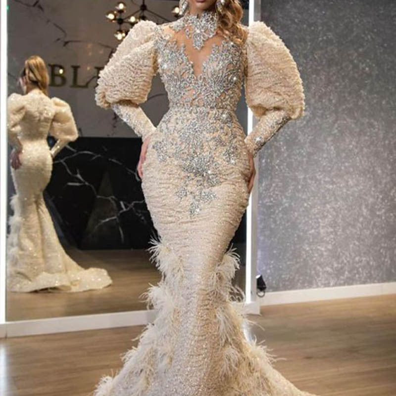 Dress V neck Feather Princess Dress Gold Long Mesh Evening Dress
