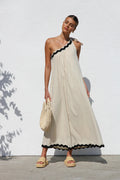 Spring Summer Oblique Shoulder Lace Vacation Long Women Dress