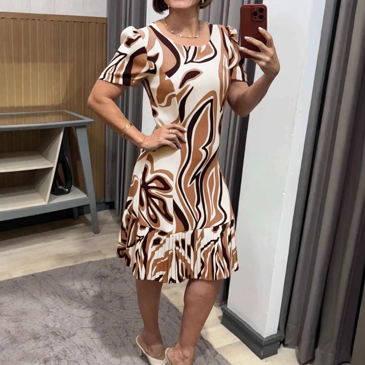 Women Casual Elegant round Neck Short Sleeve A line Pleated Dress