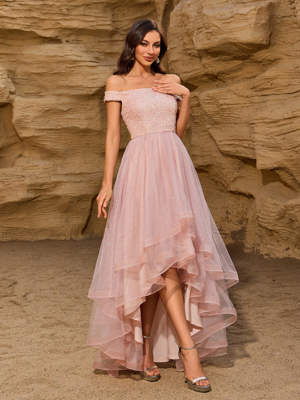 Summer Quality off Shoulder Sequin Stitching Mesh Irregular Asymmetric Multi Layer Evening Dress Party Mid Length Dress