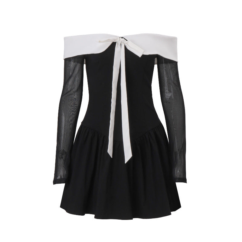 Autumn College Cute Bow Dress Sweet Spicy Doll Collar Contrast Color