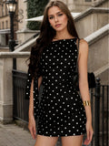 Women Summer Retro Dots Sleeveless Slim Fit One Side Lace off Shoulder Short Dress
