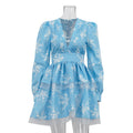 Women Clothing Pleated V neck Printed Dress Long Sleeve Tight Waist Graceful Fashionable A line Dress