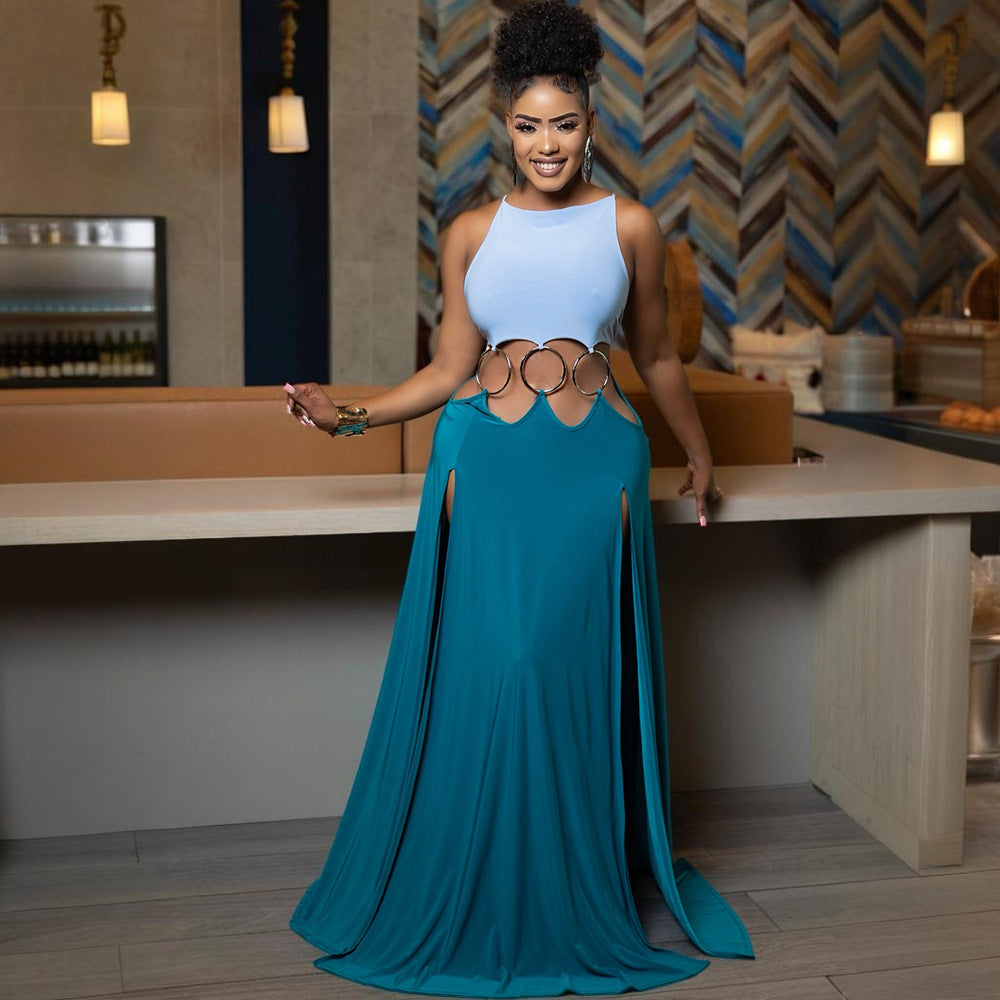 Sexy Lace up Backless High Slit Dress Women Solid Color