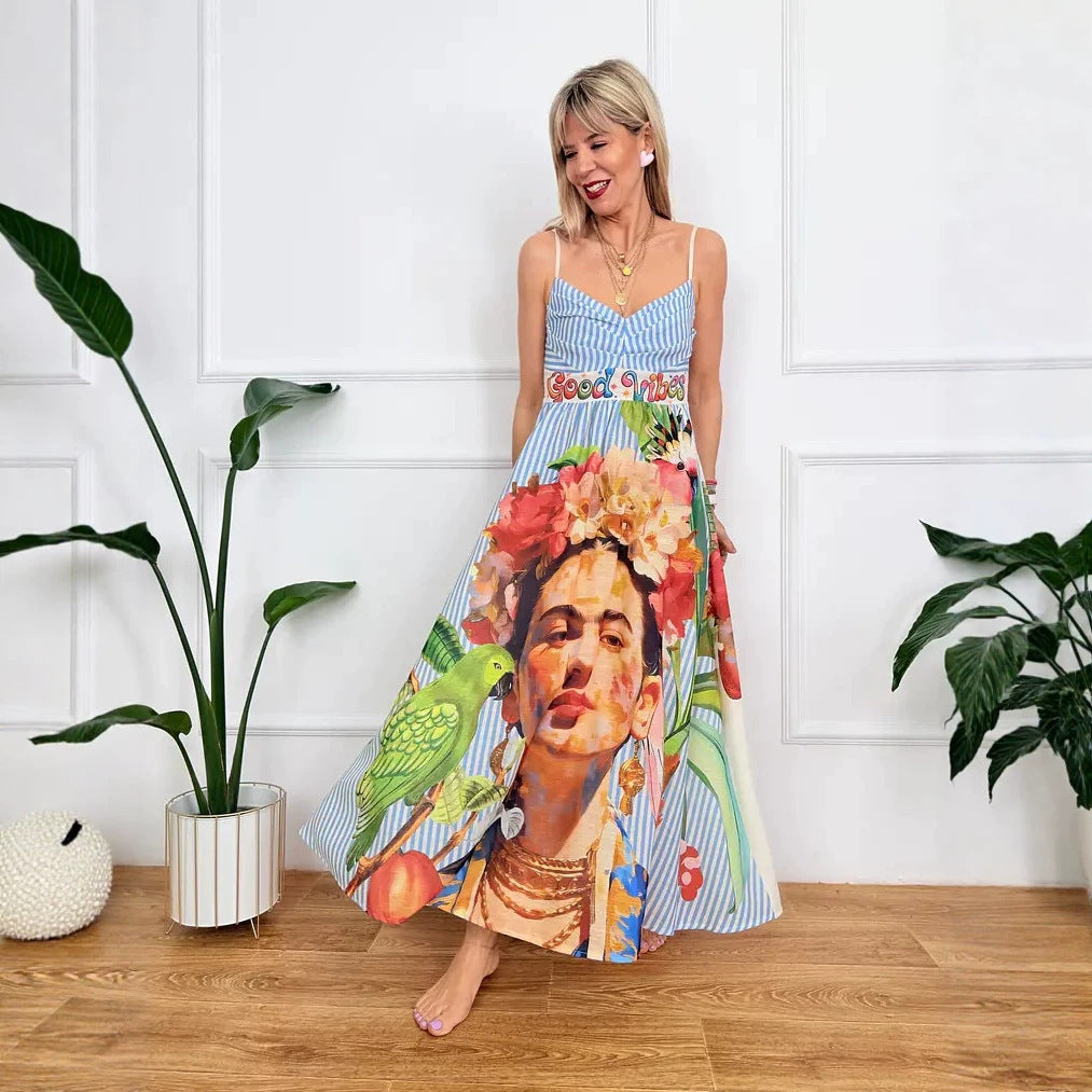 Dress Positioning Printed V neck A Swing Strap Dress for Women