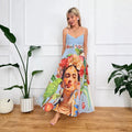 Dress Positioning Printed V neck A Swing Strap Dress for Women