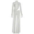 Winter Women Clothing Sexy See through Turtleneck Bell Sleeve Top Split Skirt Two Piece Sets