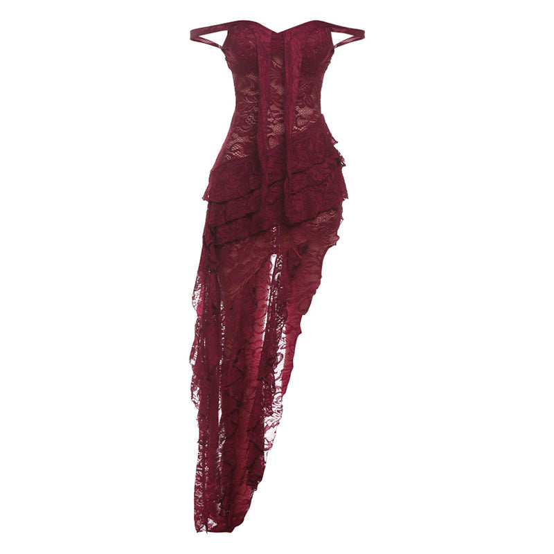 Women Clothing Summer Lace Sexy Slim Fit Tied Hollow Out Cutout out See through Irregular Asymmetric Tube Top Dress