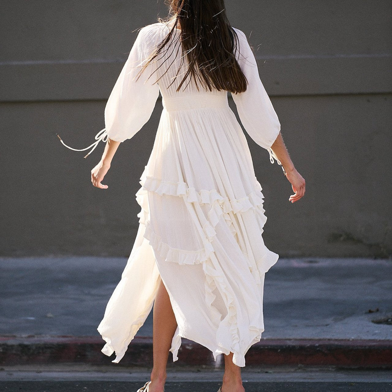 Fall U Collar Ruffled Lace Patchwork Slit Gentle Large Swing Dress Dress