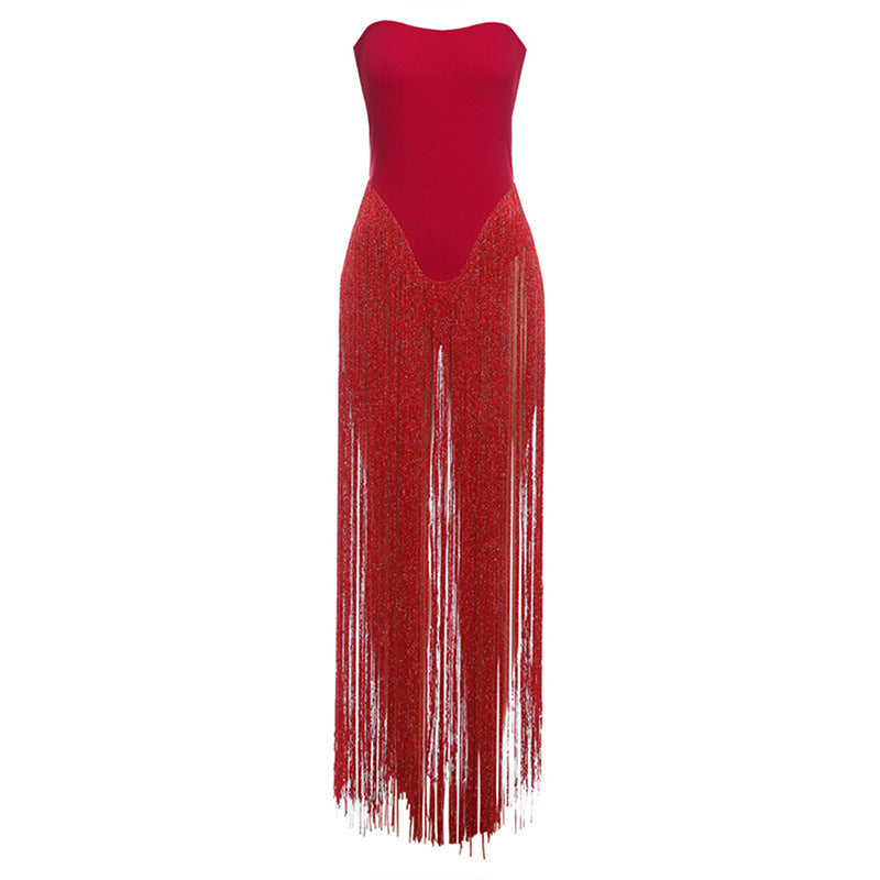Autumn Winter Women Clothing Sexy Backless High Waist Slim Tube Top Tassel Jumpsuit
