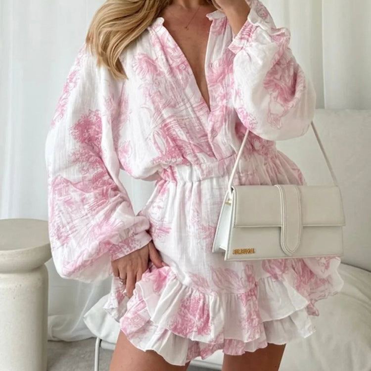 Autumn Cotton Champray Printed Casual Dress Women round Neck Long Sleeve Ruffles A line Dress