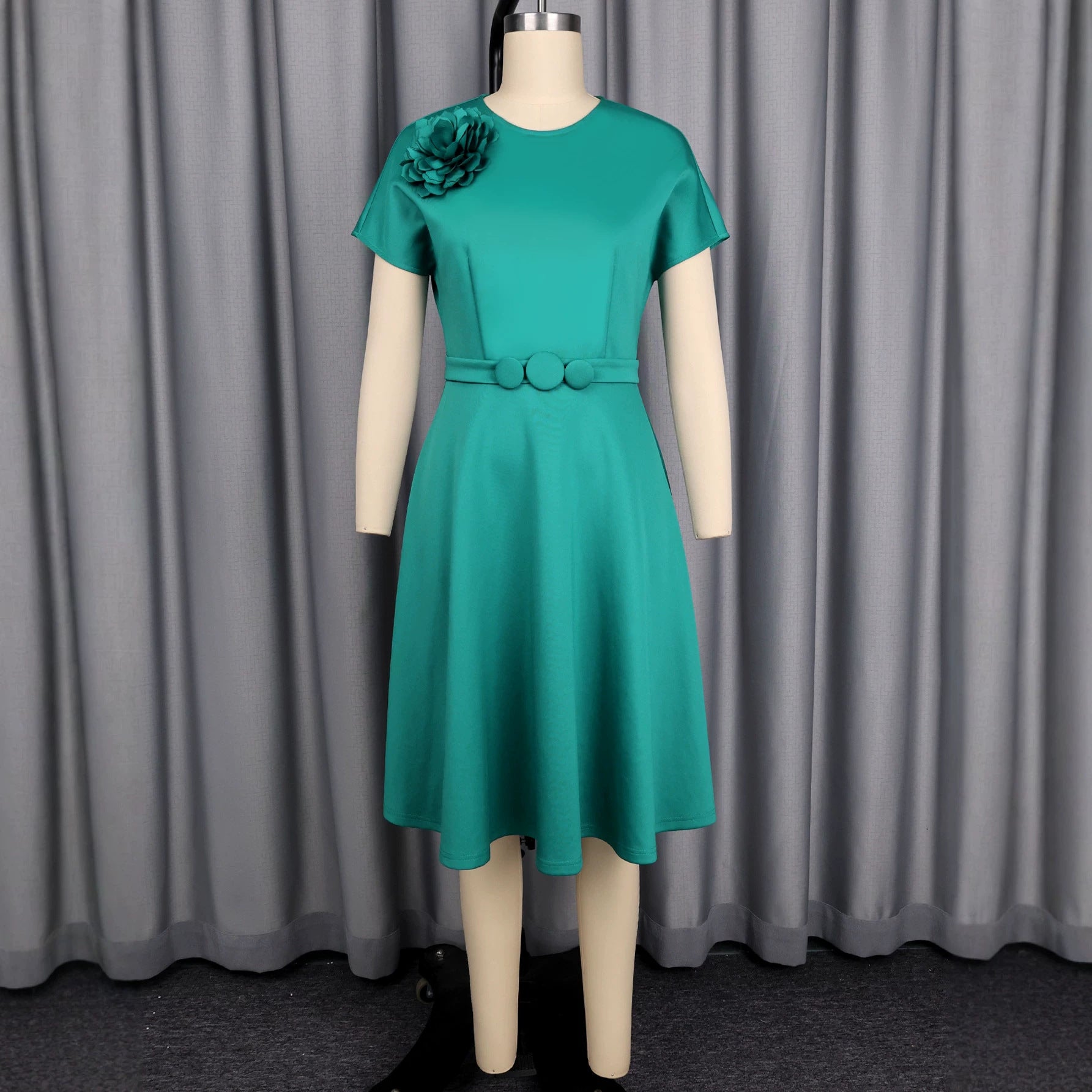 Elegant Decorative Button Dress A Swing High Waist Slimming Three Dimensional Applique Solid Color Dress