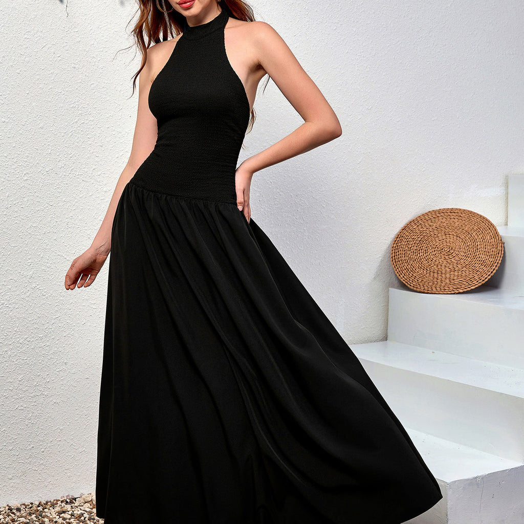 Elegant Halter Knitted Dress Sexy Backless Slim Fit A line Pleated Long Formal Dress