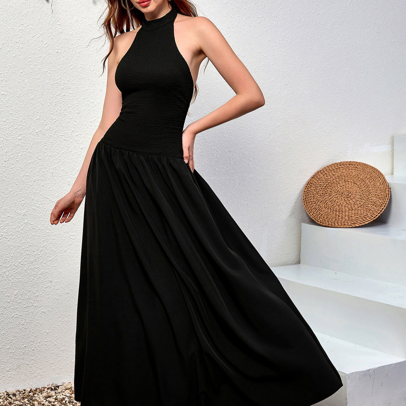 Elegant Halter Knitted Dress Sexy Backless Slim Fit A line Pleated Long Formal Dress