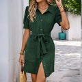 Summer Short Sleeve Texture Cardigan Dress Office Collared Shirt Dress