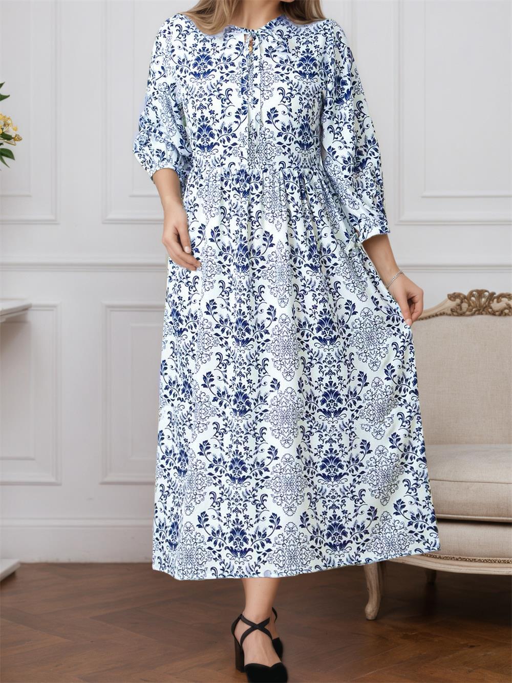 Women Printed Elegant Lace up Waist Controlled Long Sleeve Autumn Winter A line Dress
