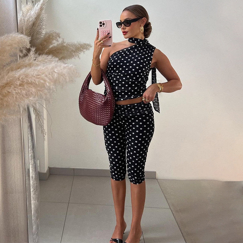 Winter Mesh Stitching Polka Dot Shoulder Diagonal Collar Top Slim Cropped Pants Set