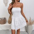 Bow Bandeau One Shoulder Smocking Waist Controlled White Dress Women