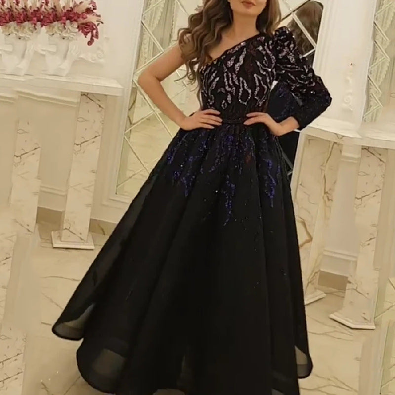 Evening Dress Cocktail Long Black Gold Annual Meeting Host Performance Dress