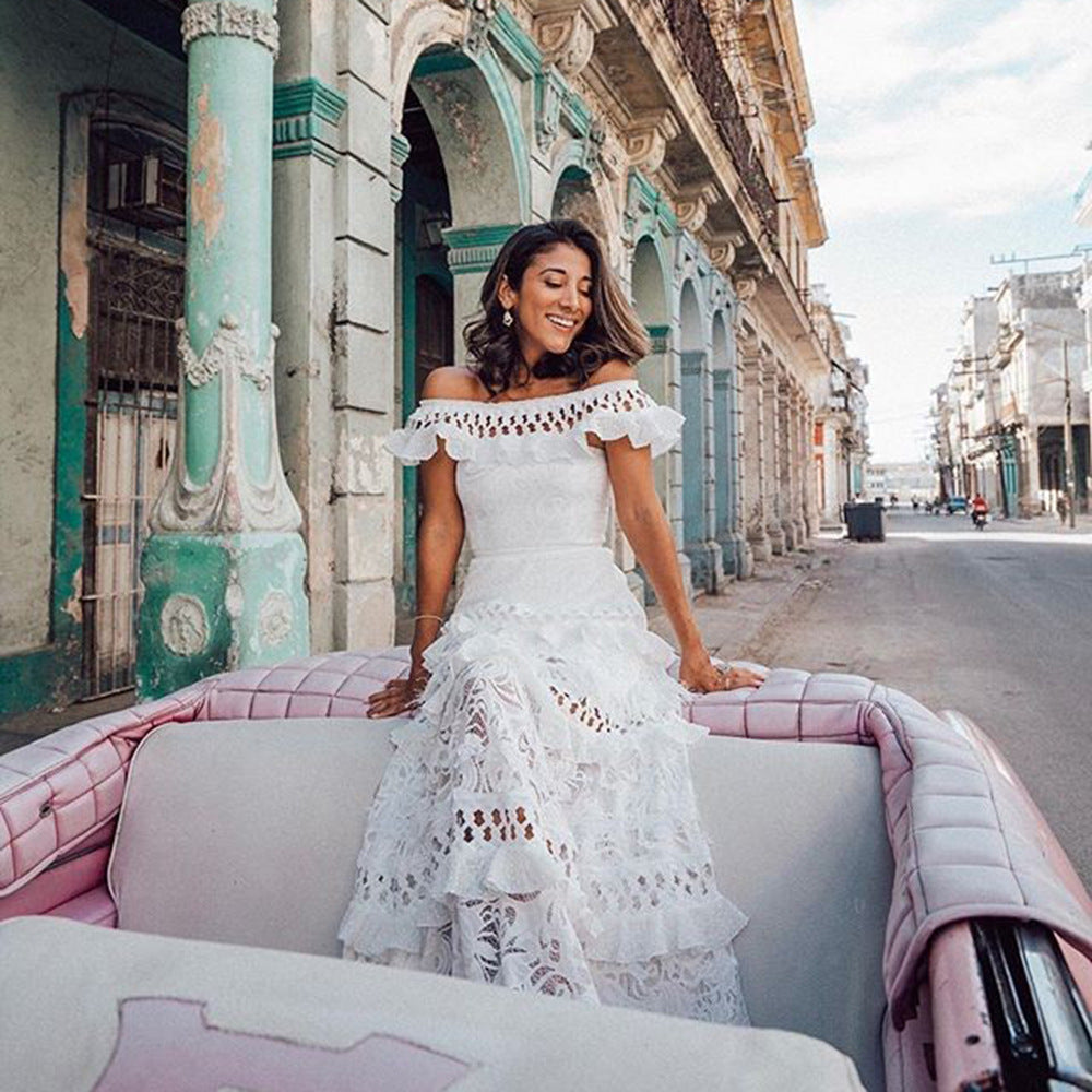 Summer Women Clothing off Shoulder Ruffled Hollow Out Cutout Wide Hem Lace Long Dress