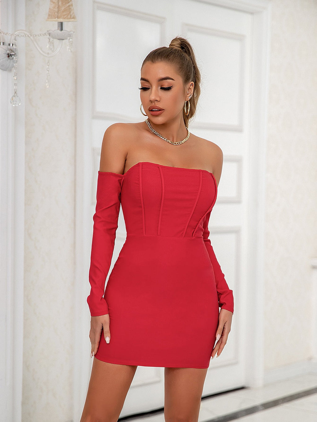 Women Sexy Backless Tube Top off Shoulder Long Sleeve Bridesmaid Dress Gorgeous Boning Corset Hip