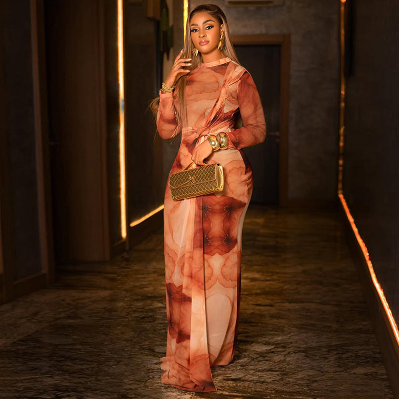 Home Retro Elegant Women Color Matching Hip Skirt round Neck Ladies Long Sleeves Autumn Winter Dress