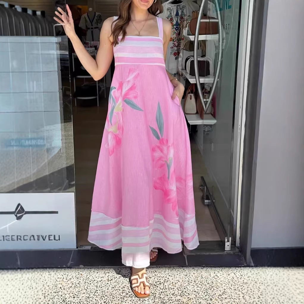 Summer Dress Printed off Neck Expansion Dress Vacation Maxi Dress
