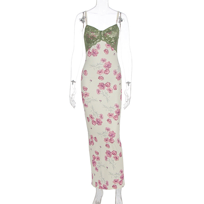Summer Women Printed Lace Stitching Sexy Slim Hip Spaghetti Straps Dress