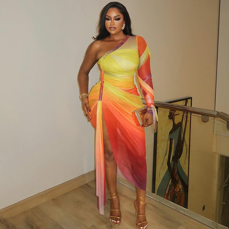 Women Clothing Pleated Color Matching Slit Slim Fitting Asymmetric Diagonal Collar Shoulder Long Sleeve Dress