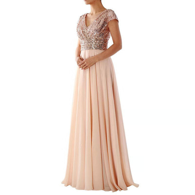 Summer Dress V neck Sequ Chiffon Stitching Evening Maxi Dress