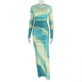 Women Commuting Wear Printed Pleated Drawstring Slim Fit Hip round Neck Long Sleeve Design Dress