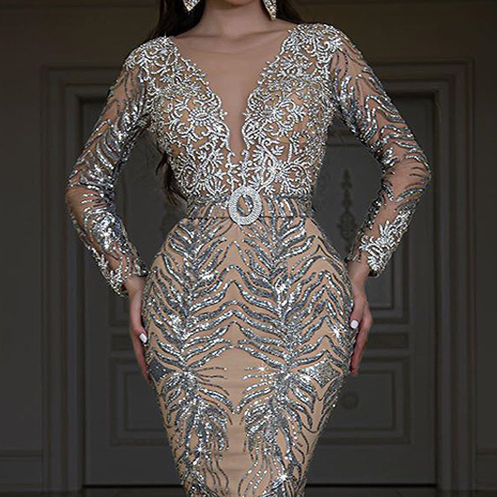 Women Clothing Dress Bronzing Long Sleeve Slim Sexy Fishtail Mopping Evening Dress