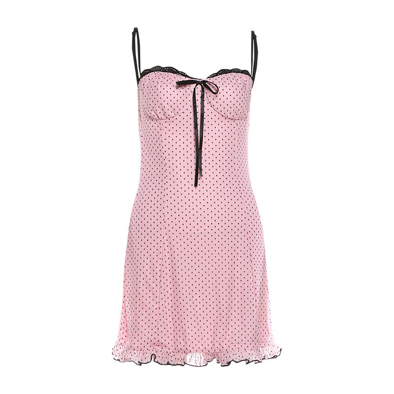 Spring Summer Women Clothing French Sizzling Contrasting Lace Backless Short Polka Dot Dress For Women