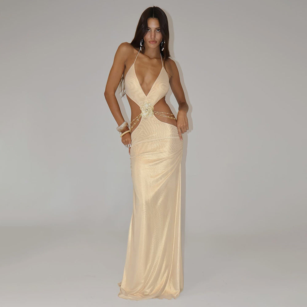 Summer Solid Color Street Hipster Deep V Plunge Halter Backless Slim Fit Dress