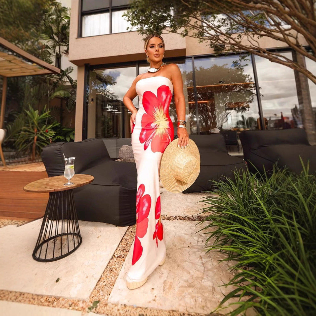Summer Women Casual Tube Top Printed Long Vacation Dress