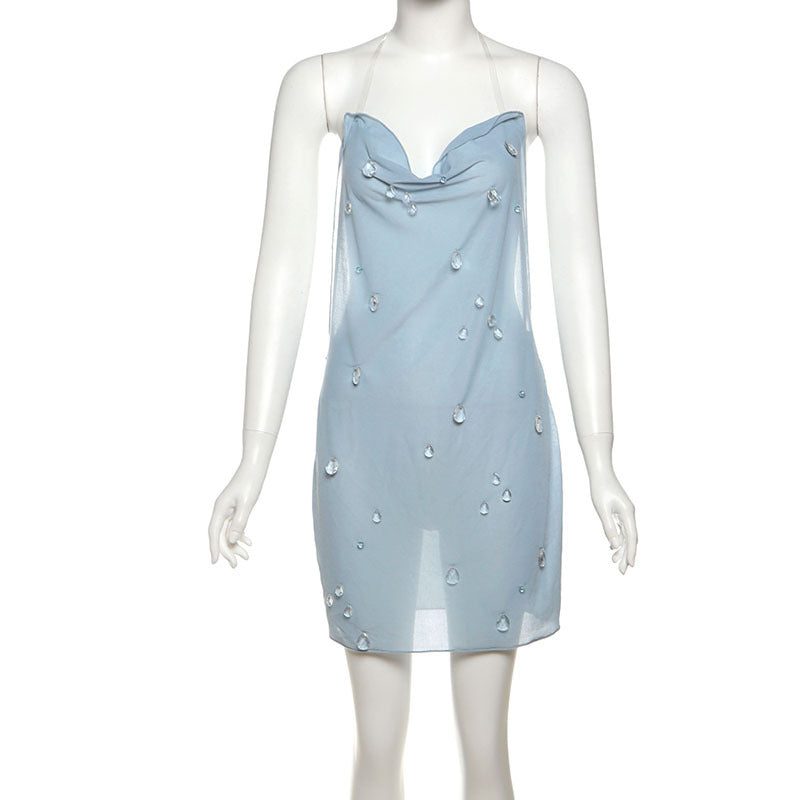 Summer Women Clothes Sexy Halter Three Dimensional Water Drop Decorative Sheath Short Dress