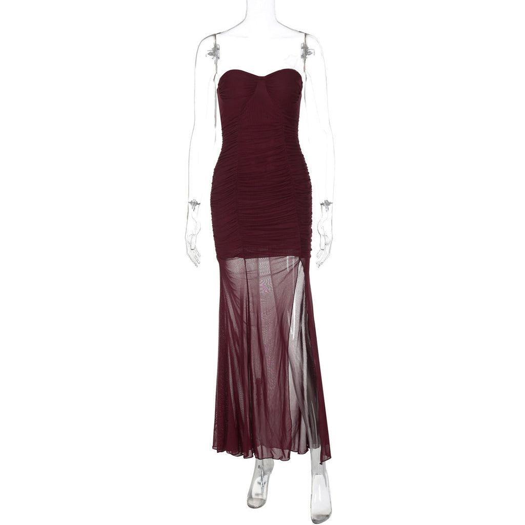 Mesh Stitching Dress Summer Women Clothing Split Sexy Bandeau Slim Fit Women Dress