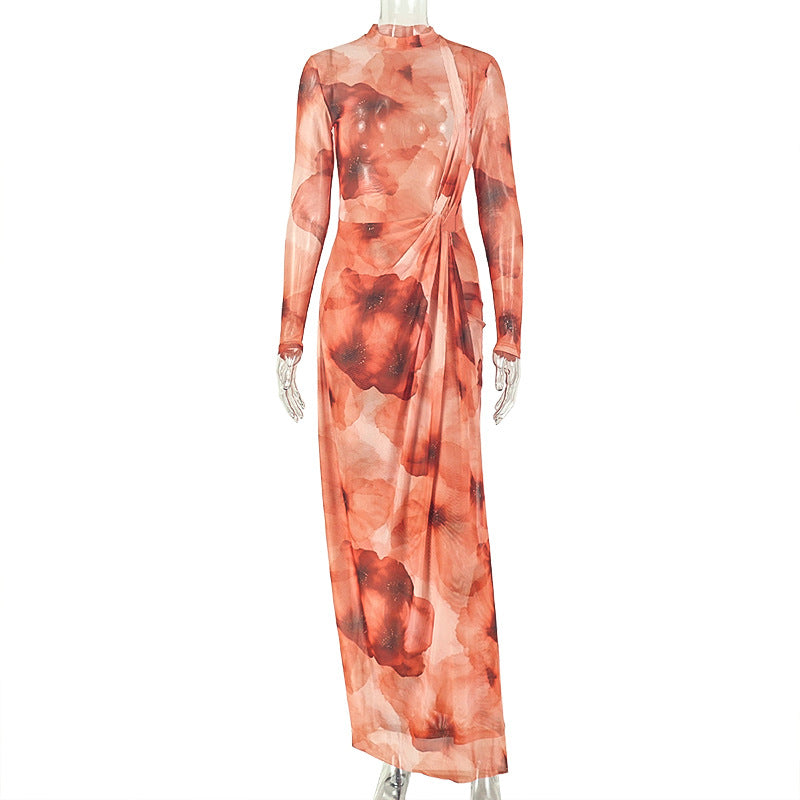Home Retro Elegant Women Color Matching Hip Skirt round Neck Ladies Long Sleeves Autumn Winter Dress