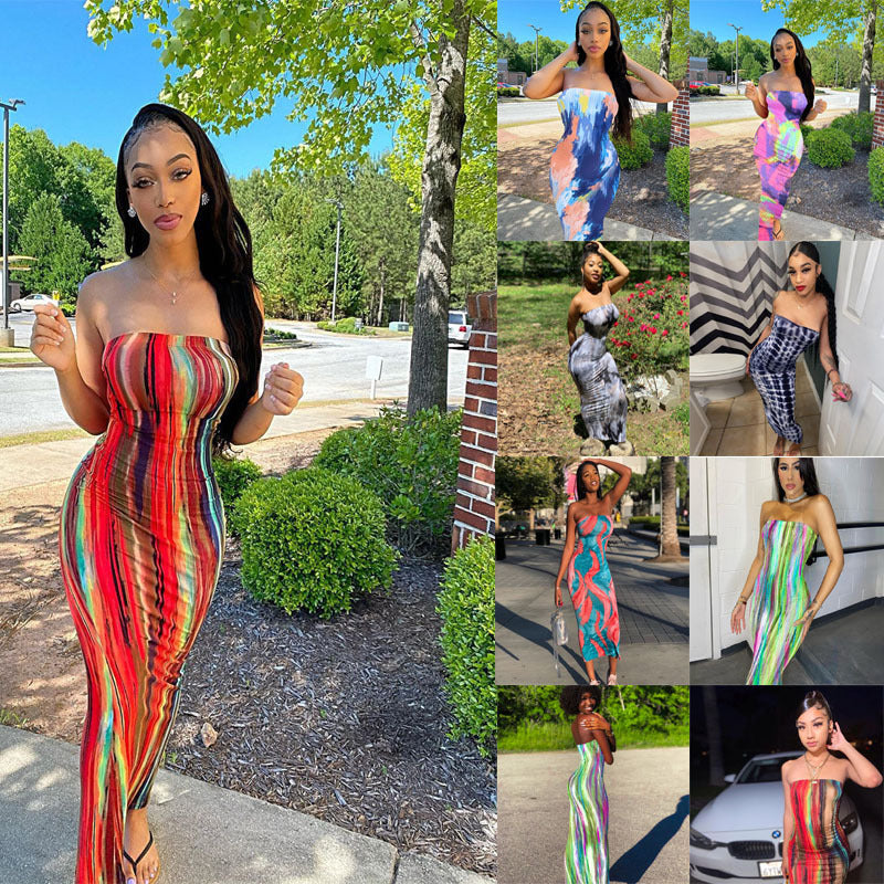 Women Clothing Spring Summer Colorful Tie Dye off Shoulder Tube Top Dress