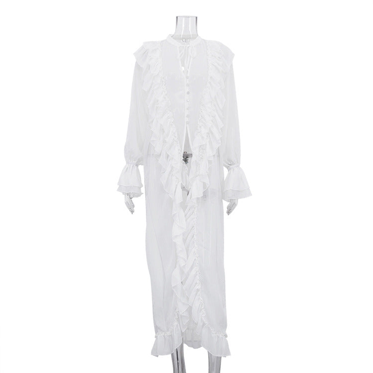 Women Clothing Design Ruffled Chiffon Dress Sexy Sheer Long Sleeve Single Breasted Sexy Dress
