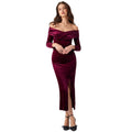 Gold Velvet Slim Fit Sheath Dress Women Cross V neck off Neck off the Shoulder Split Maxi Dress