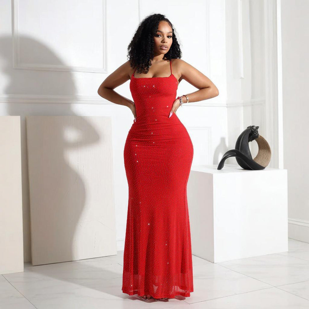 Sexy Sling Rhinestone Polyester Net Dress Sheath Dress Women