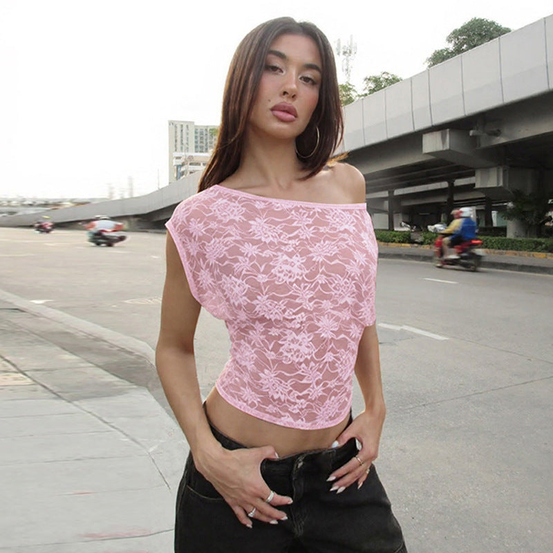 Women Clothing Winter Sexy Slim Hollow Out Cutout Lace Diagonal Collar Tight T shirt Sheer Top
