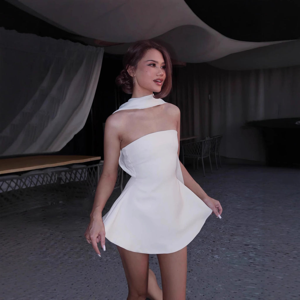 Women Clothing Autumn French Sexy Wind Ribbon Tube Top Solid Color Dress for Women