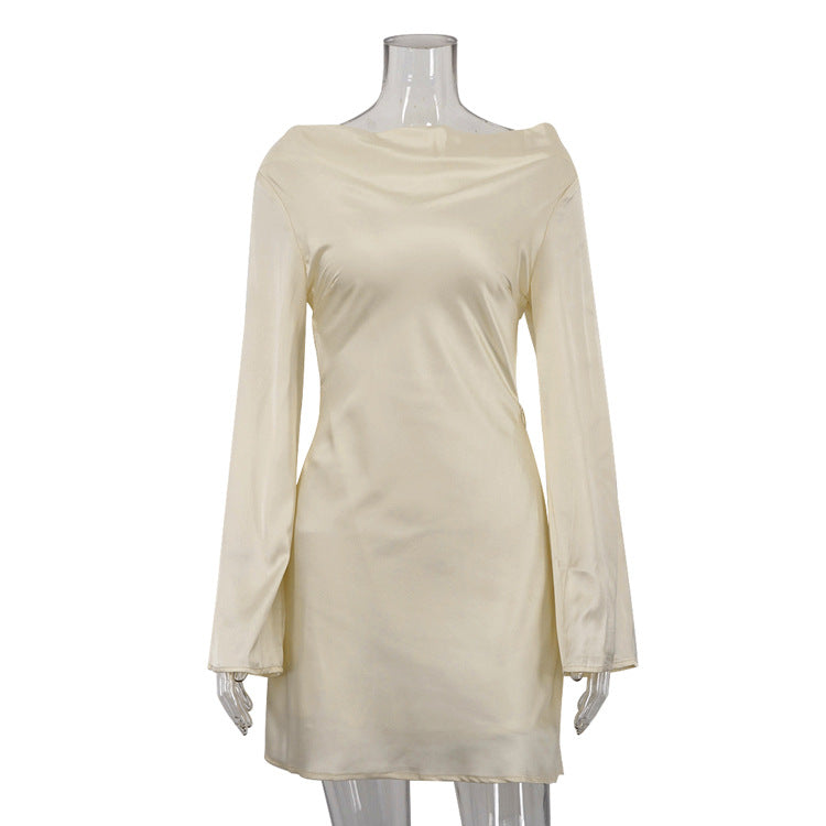 Satin Sexy Hollow Out Cutout out Backless Lace up Dress Swing Collar Long Sleeve Short A line Dress