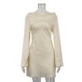 Satin Sexy Hollow Out Cutout out Backless Lace up Dress Swing Collar Long Sleeve Short A line Dress