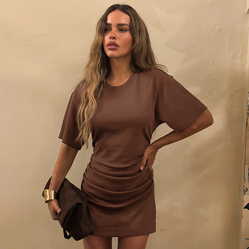 Women Clothing Spring Summer Solid Color round Neck Waist Sheath Pleated Dress