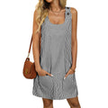 Summer round Neck Striped with Pockets Button Strap Casual Dress